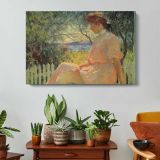 Woman at a Table in a Dim Interior - single-panel canvas displayed above a console table