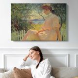 Woman at a Table in a Dim Interior - single-panel canvas displayed above a sofa