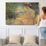 Woman at a Table in a Dim Interior - single-panel canvas shown with a person for scale