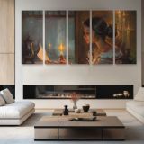 Woman by Candlelight by Daniel Gerhartz — four-panel canvas arrangement in a living room