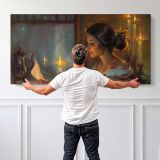 Woman by Candlelight by Daniel Gerhartz — single-panel canvas shown behind a standing person for scale