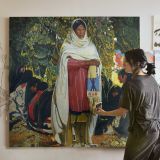 Woman in Traditional Dress with Peacocks — room mockup view 3