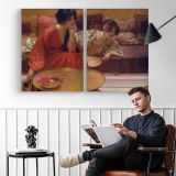 Woman Painting in a Red Robe - two-panel canvas displayed in a reading room