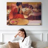 Woman Painting in a Red Robe - single-panel canvas displayed above a sofa