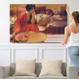 Woman Painting in a Red Robe - single-panel canvas shown with a person for scale