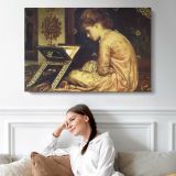 Woman Playing a Keyboard Instrument by Frederic Leighton - single-panel canvas displayed above a sofa