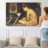 Woman Playing a Keyboard Instrument by Frederic Leighton - single-panel canvas shown with a person for scale