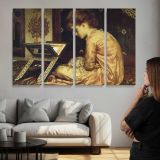 Woman Playing a Keyboard Instrument by Frederic Leighton - multi-panel canvas displayed above a sofa