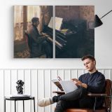Woman Playing the Piano by Gustave Caillebotte - two-panel canvas displayed in a reading room