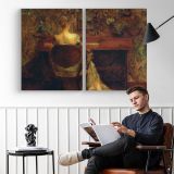 Woman Reading by the Fireplace - two-panel canvas displayed in a reading room