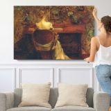 Woman Reading by the Fireplace - single-panel canvas shown with a person for scale