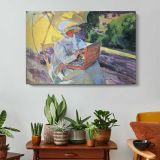 Woman with a Parasol in a Boat - single-panel canvas displayed above a console table