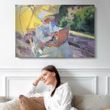Woman with a Parasol in a Boat - single-panel canvas displayed above a sofa