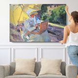 Woman with a Parasol in a Boat - single-panel canvas shown with a person for scale