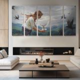 Woman with Swallows by Daniel Gerhartz — four-panel canvas arrangement in a living room