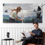 Woman with Swallows by Daniel Gerhartz — two-panel canvas arrangement in a room
