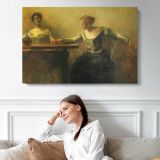 Women Reading in a Garden - single-panel canvas displayed above a sofa