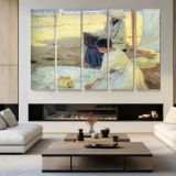 Women Sewing beside Sailboats - multi-panel canvas displayed in a modern living room