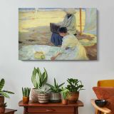 Women Sewing beside Sailboats - single-panel canvas displayed above a console table