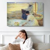 Women Sewing beside Sailboats - single-panel canvas displayed above a sofa