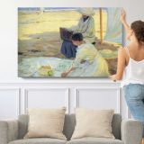 Women Sewing beside Sailboats - single-panel canvas shown with a person for scale
