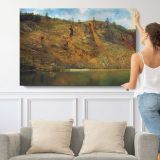 Workers on an Autumn Hillside - single-panel canvas shown with a person for scale