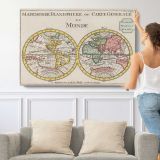World Map Planisphere by Daniel de Lafeuille - single-panel canvas shown with a person for scale