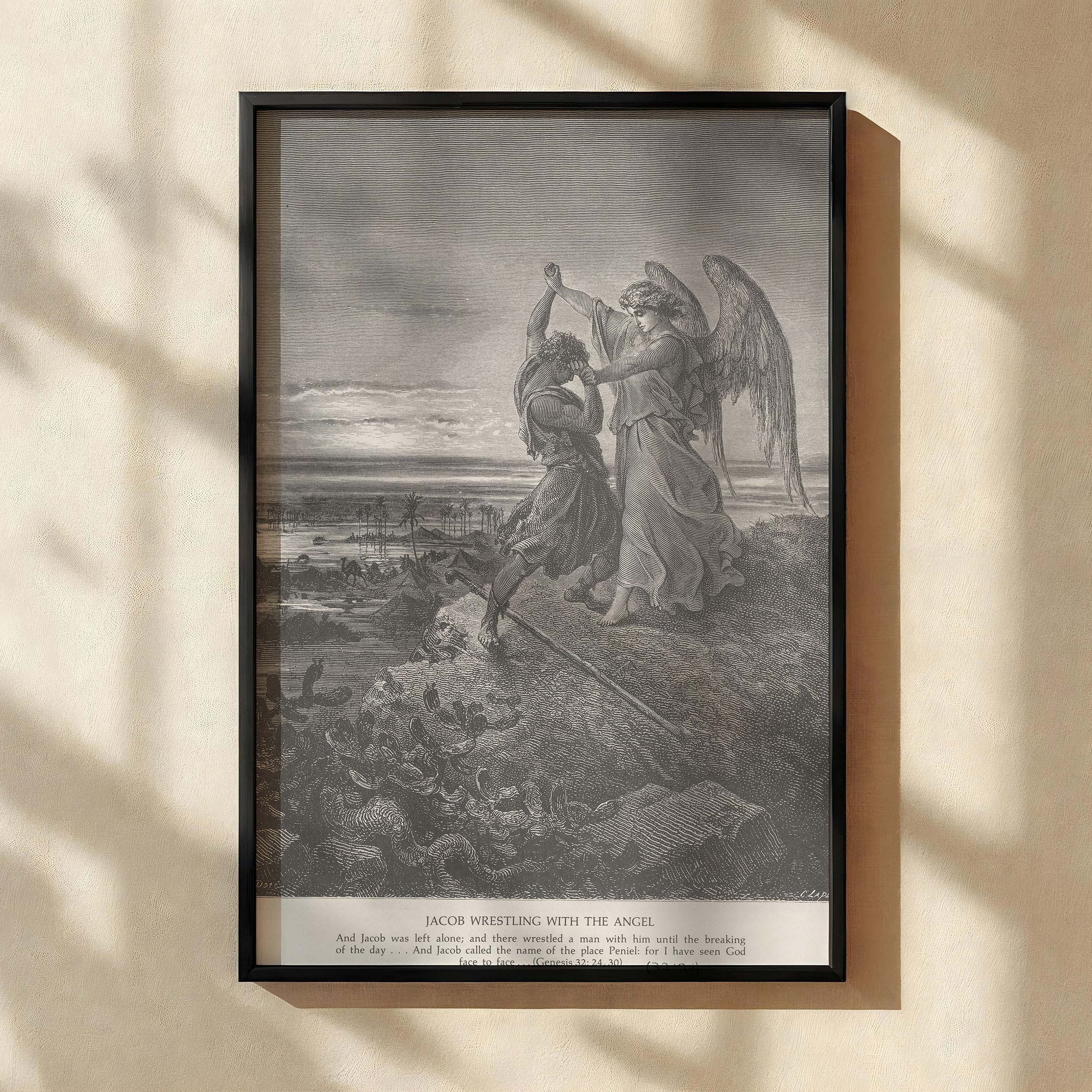 Jacob Wrestles with the Angel - Gustave Dore Black and White Engraving
