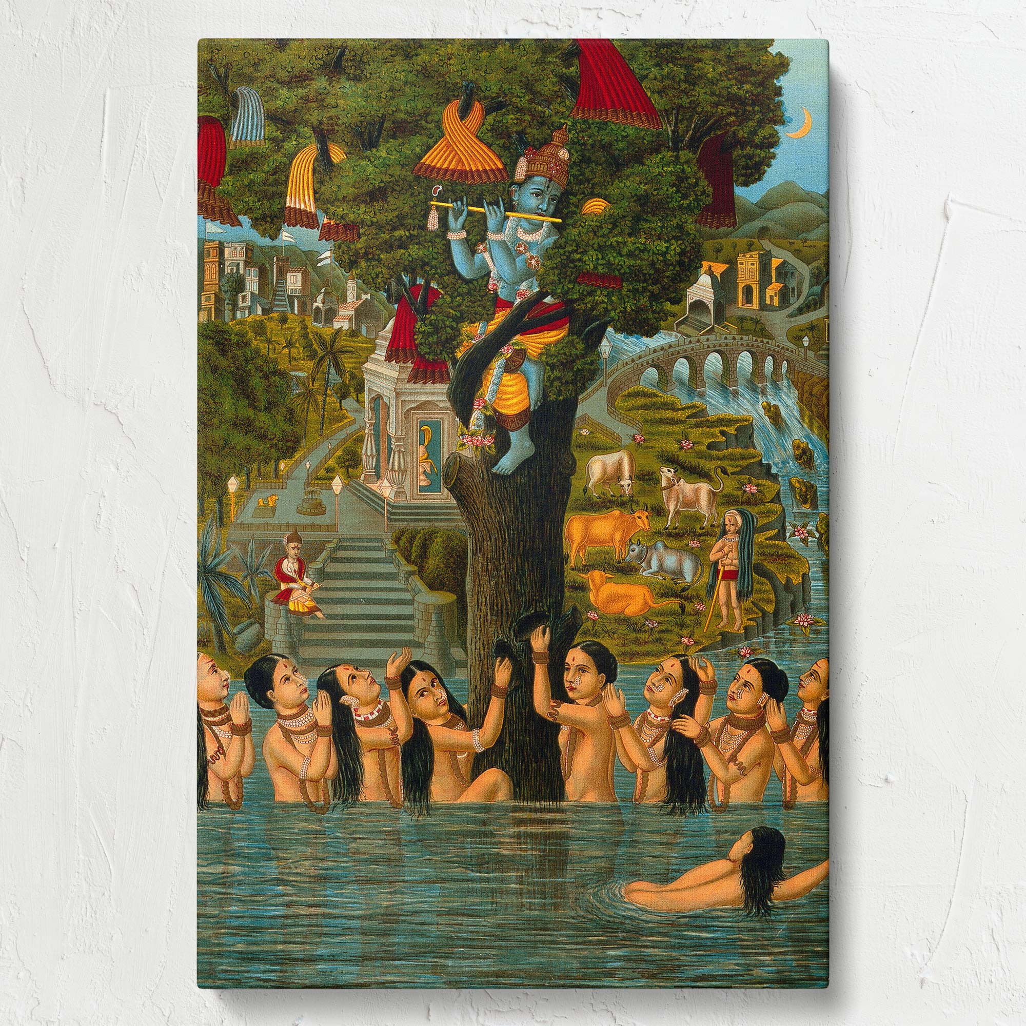 Krishna Stealing Clothes - Sacred Yamuna Scene with Gopis By Unknown Indian Artist