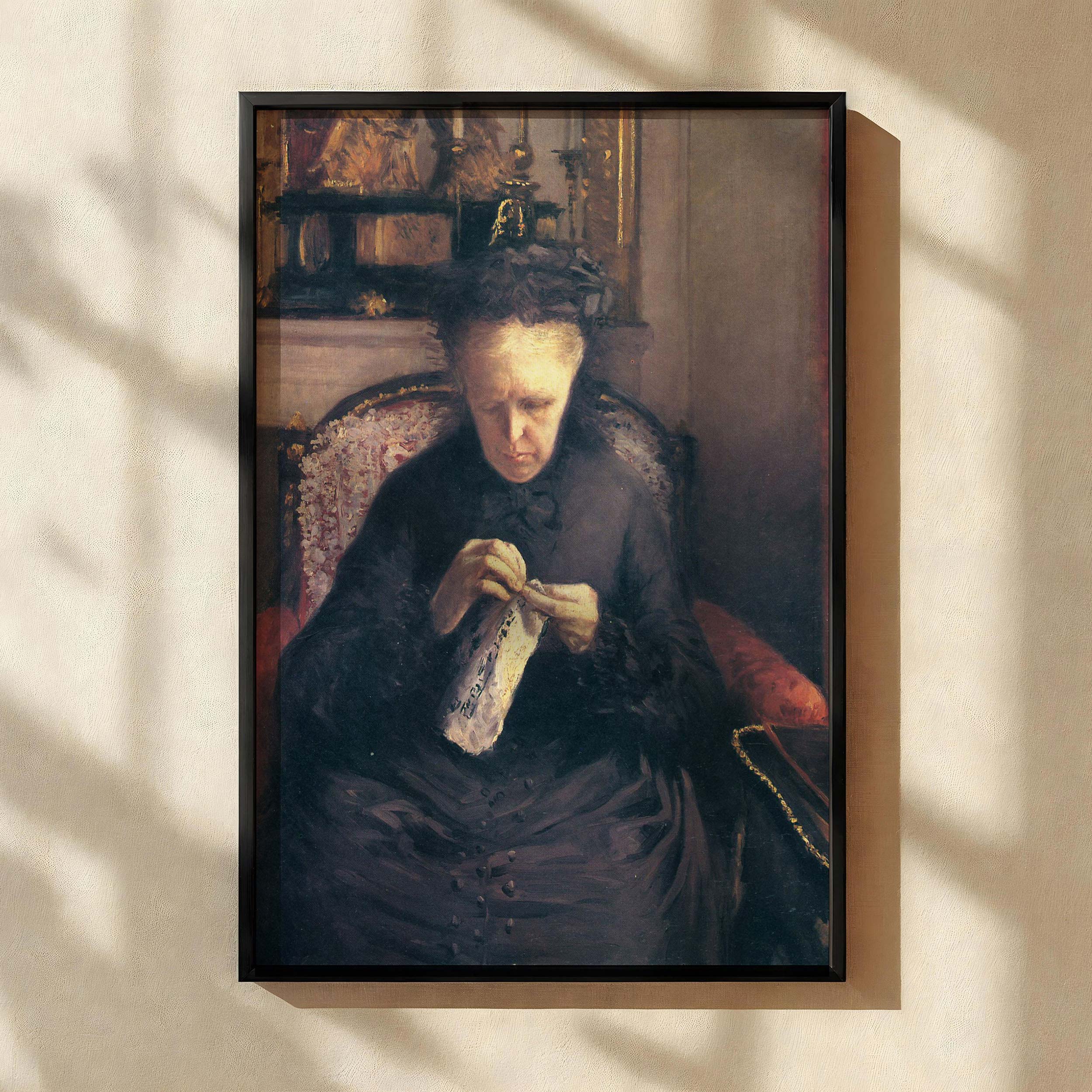 Madame Martial Caillebotte by Gustave Caillebotte - Black Dress and Needlework