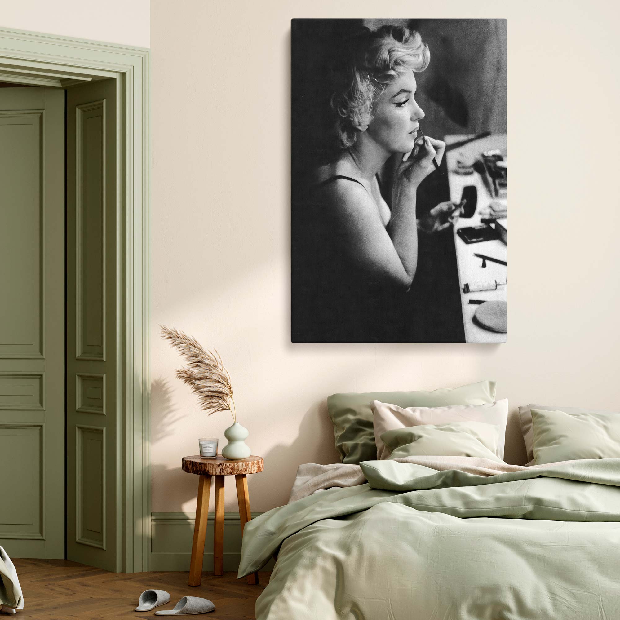Marilyn Monroe Applying Makeup - Iconic Vanity Scene in Retro Canvas