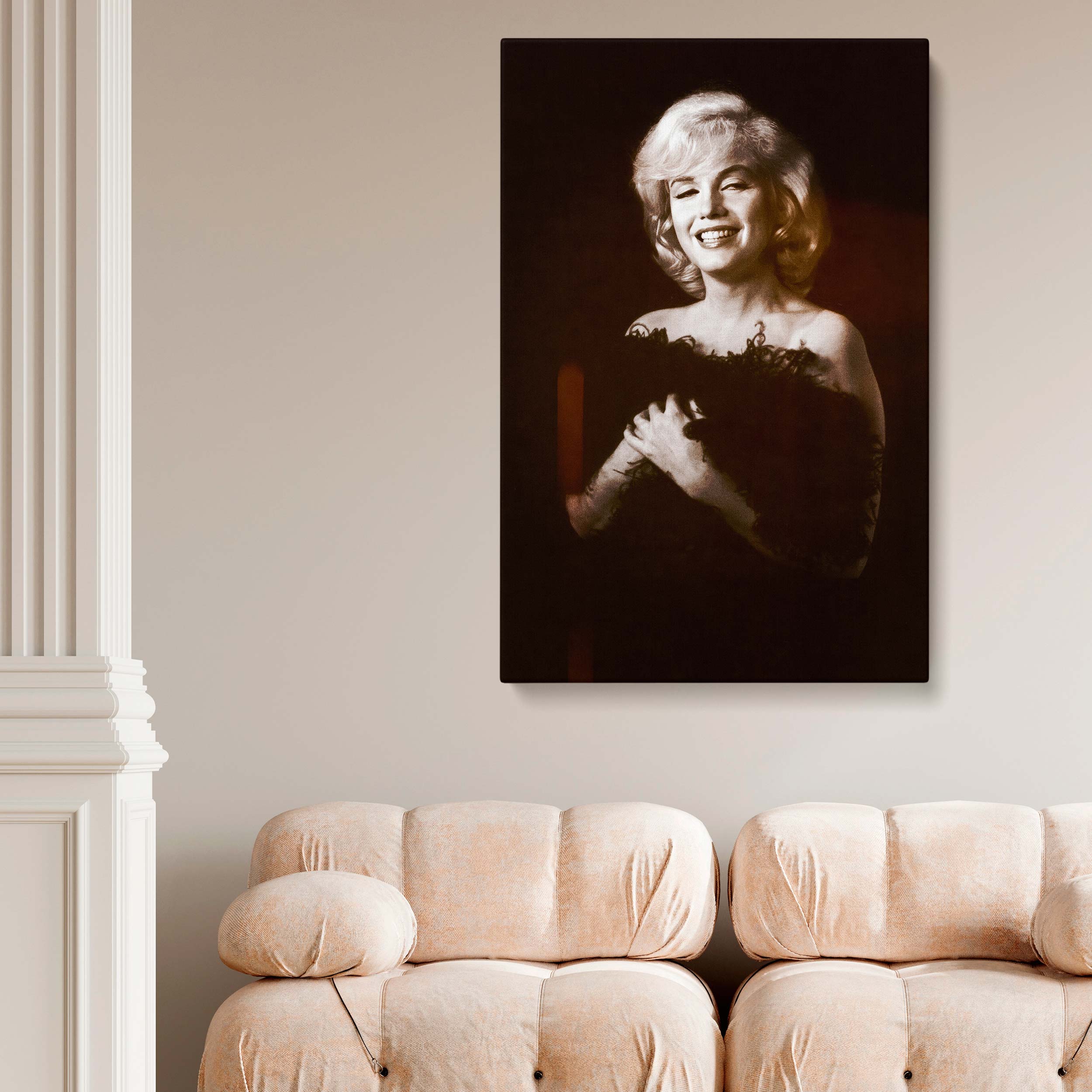 Marilyn Monroe Smiling in Feather Wrap - Classic Hollywood Canvas Wall Art