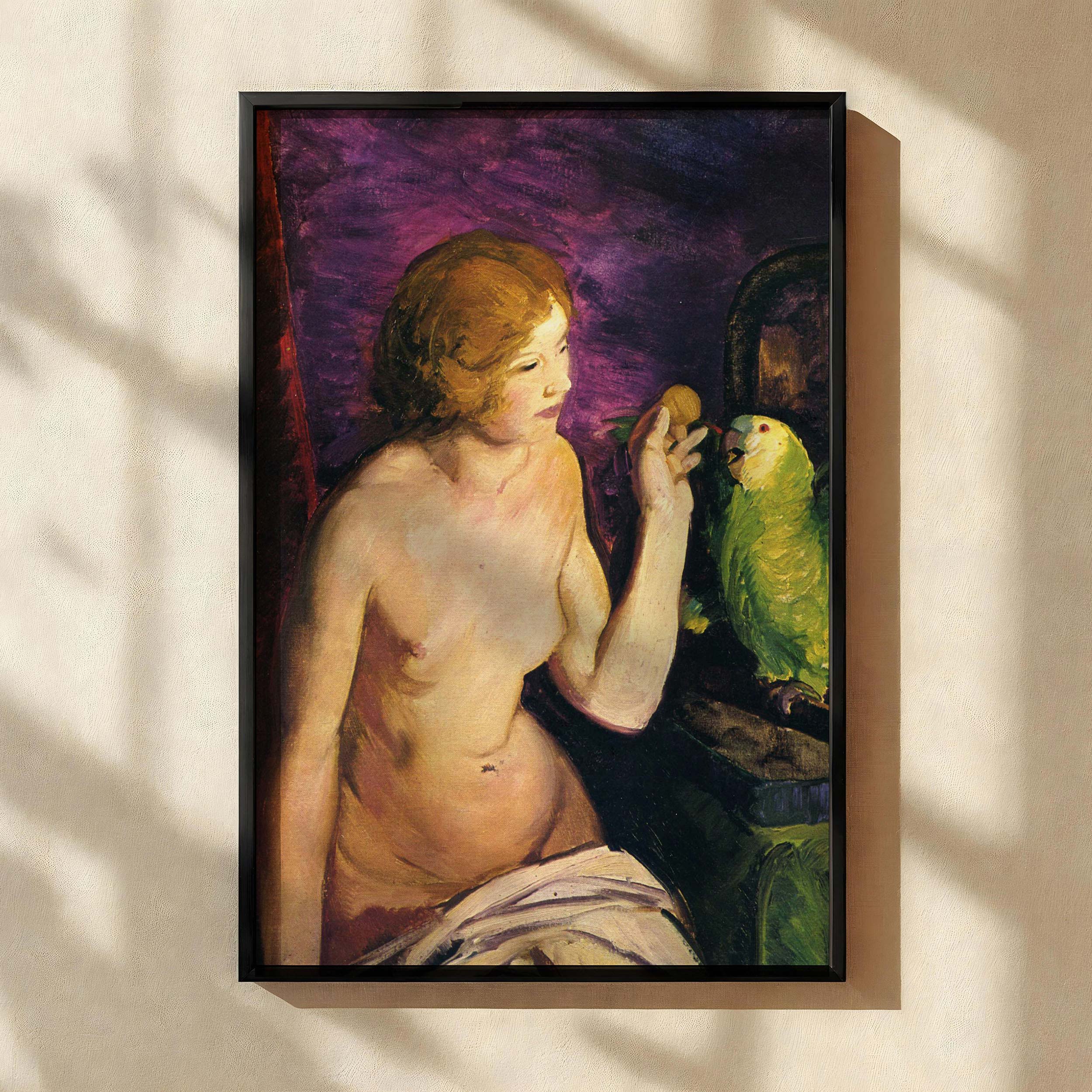 Nude Girl with Parrot by George Bellows - Green Bird and Purple Drapes