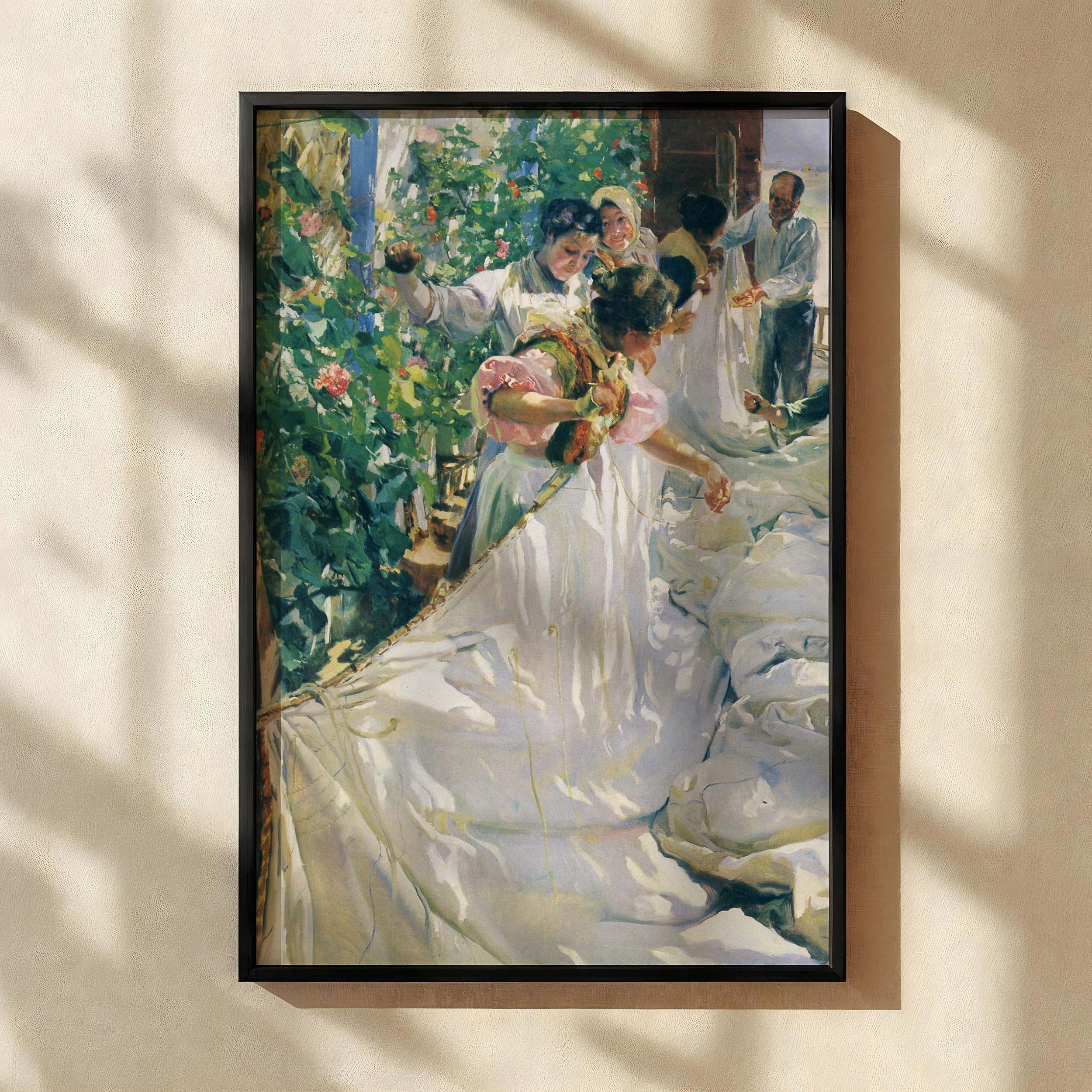Sewing the Sail by Joaquin Sorolla - White Fabric in Sunlit Garden Scene