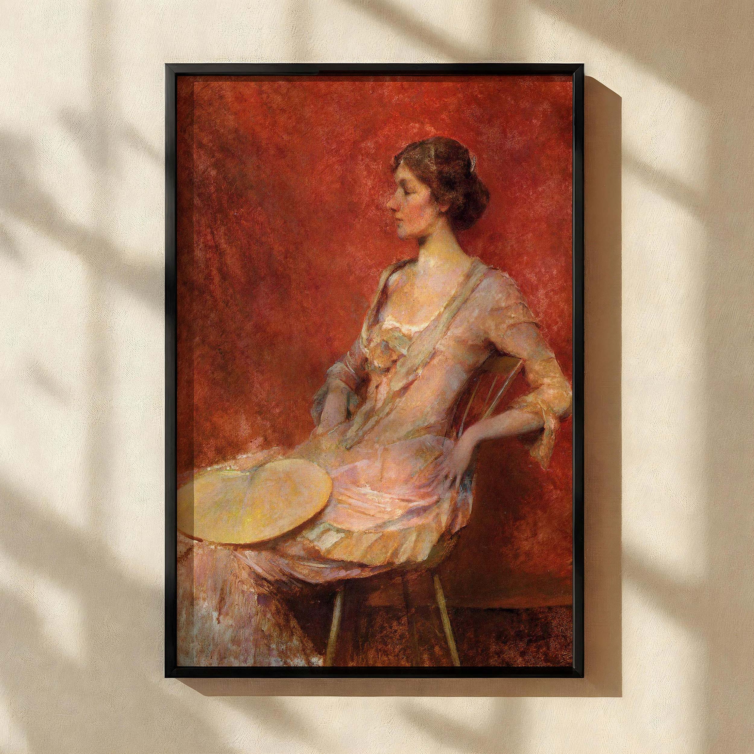 The Palm Leaf Fan by Thomas Wilmer Dewing - Pink Tones and Gentle Expression