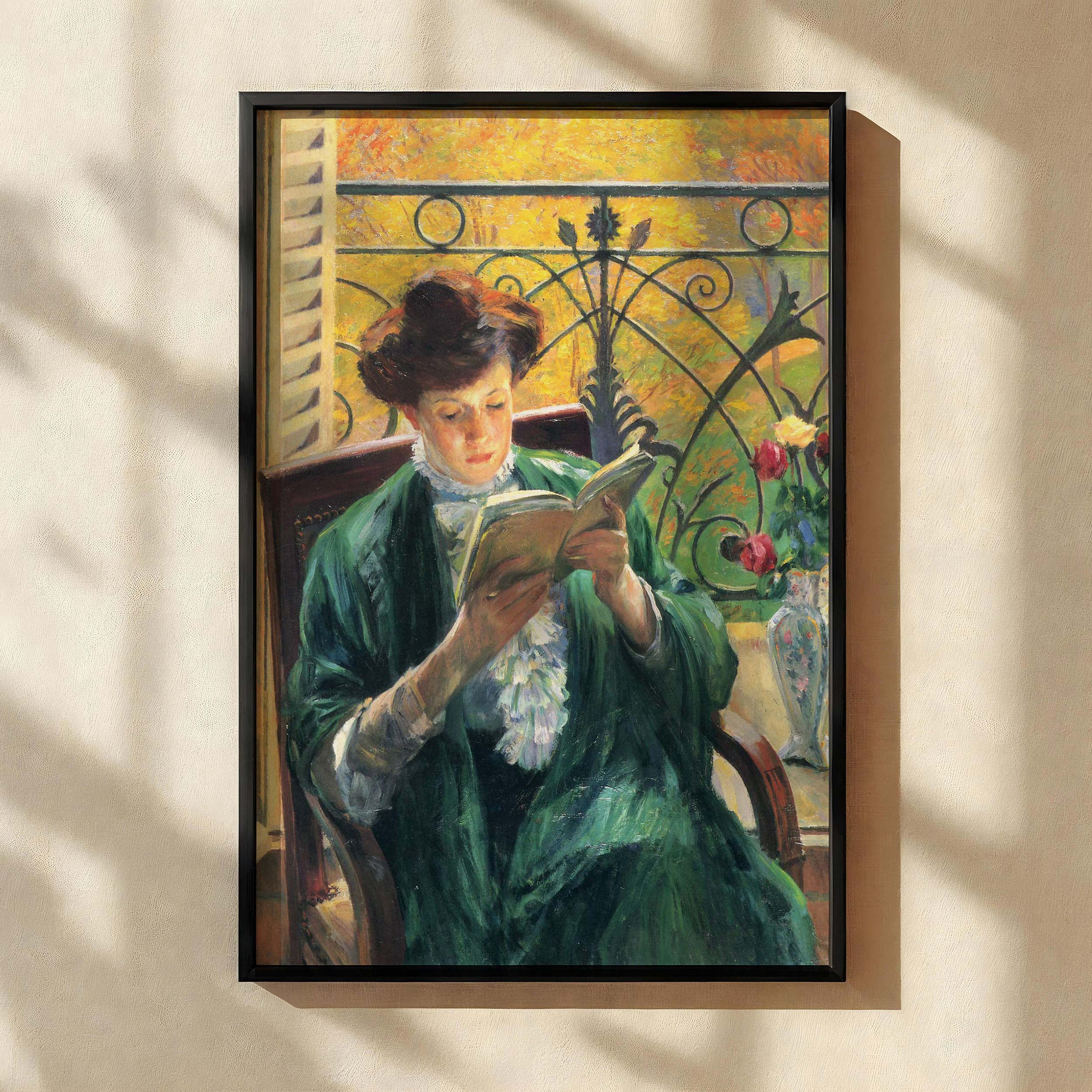 Woman Reading by Yamashita Shintaro - Green Dress and Balcony Light