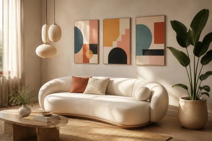 Three framed geometric abstract prints in muted teal, ochre and terracotta above a cream sofa.