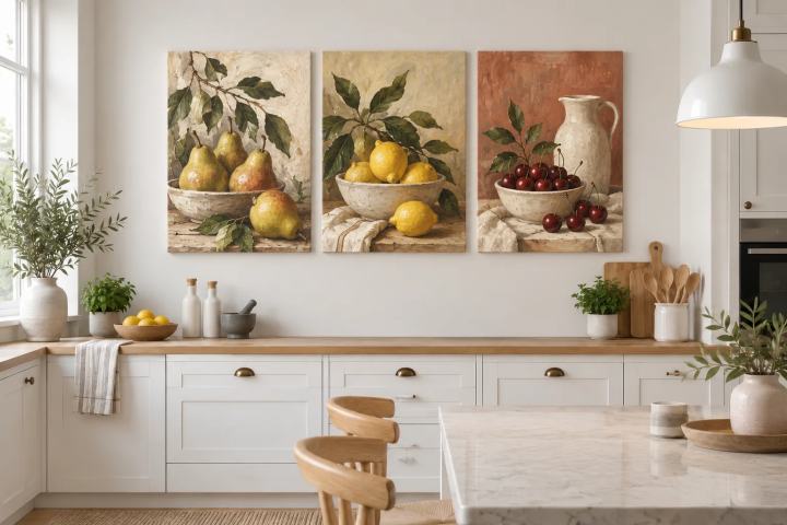 Cream kitchen with wood worktops and three finished fruit artworks showing pears, lemons and cherries on the wall.