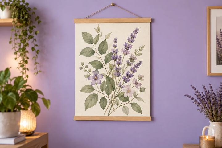 Lavender wall with a finished sage-green and lilac botanical poster in a wooden hanger, surrounded by plants and warm wood.