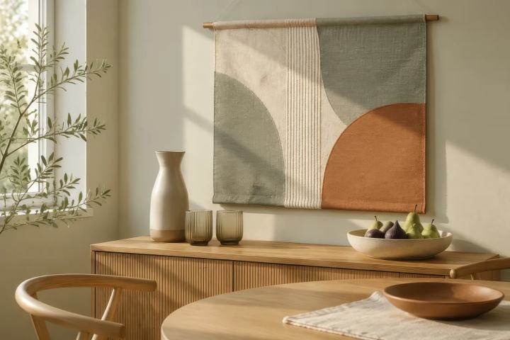 Finished sage, cream and terracotta abstract wall hanging above a wooden sideboard beside a dining table and chairs.