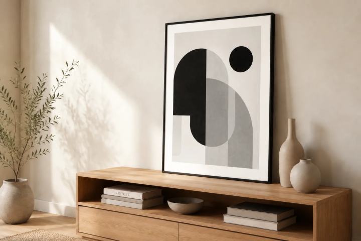 Finished black, white and grey abstract artwork in a slim black frame on an oak sideboard beside a leafy plant and ceramic vases.
