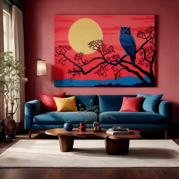 Blue Owl beneath a Golden Moon canvas in a living room