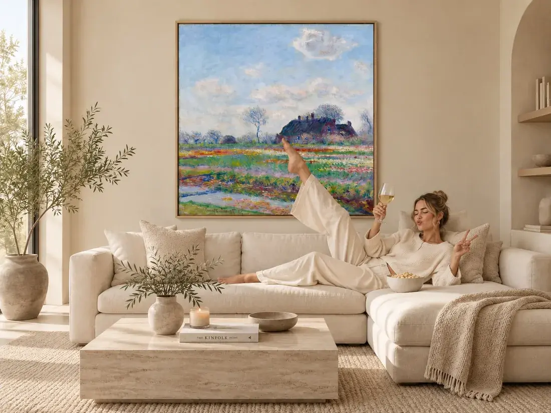 Colourful landscape canvas displayed above a cream sofa in a neutral living room