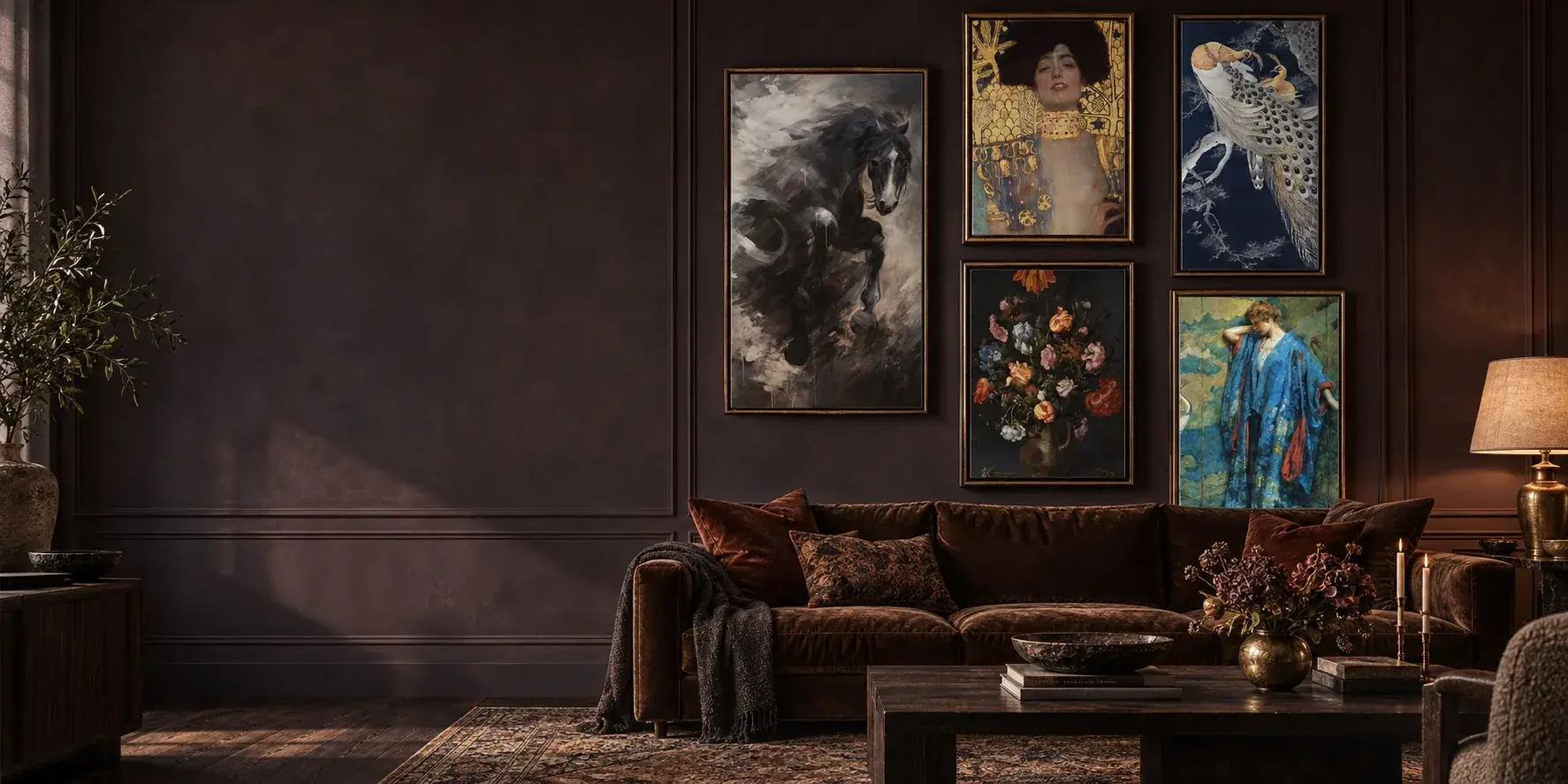 Dark living room with five framed canvas artworks arranged above a velvet sofa