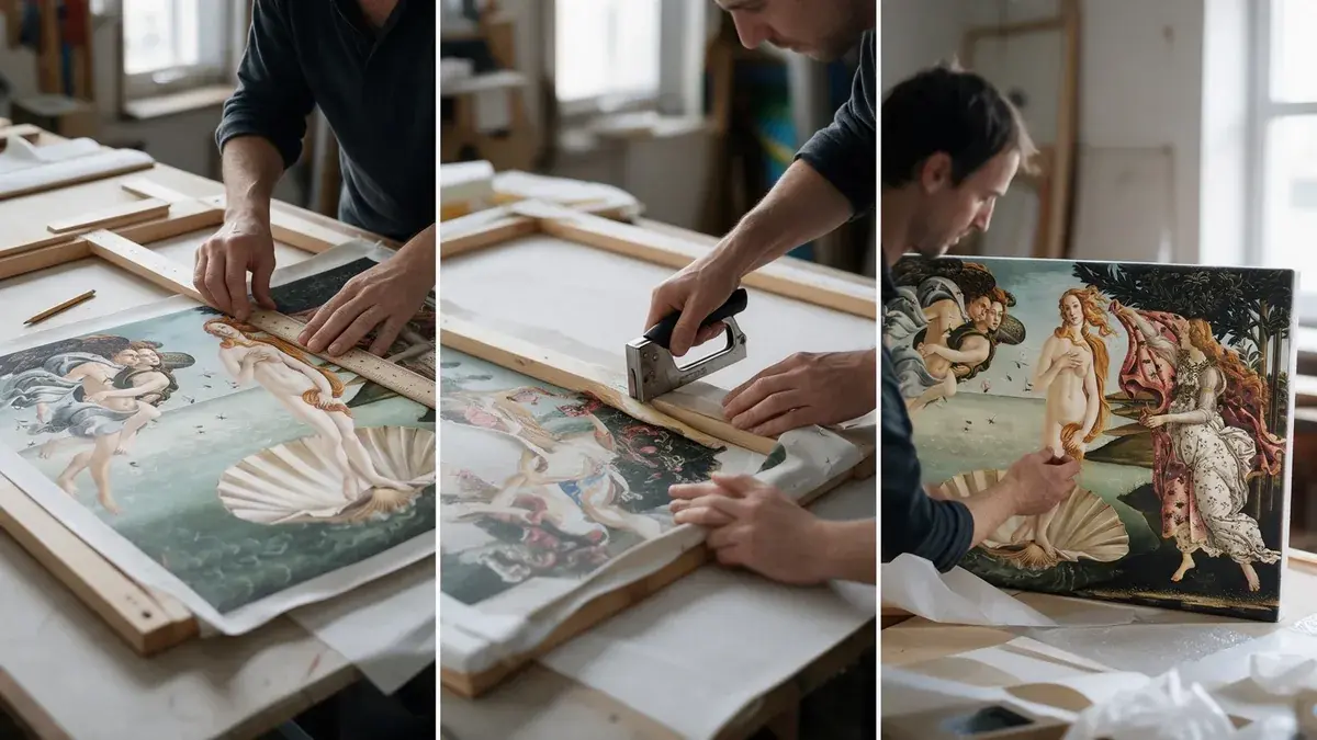 Canvas print being measured, stretched and checked by hand