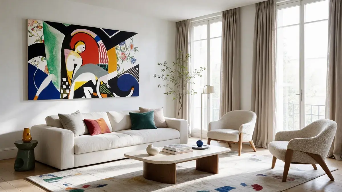 Colourful statement canvas above a cream living room sofa