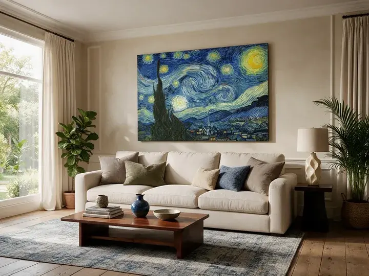 Famous artist canvas in a styled living room