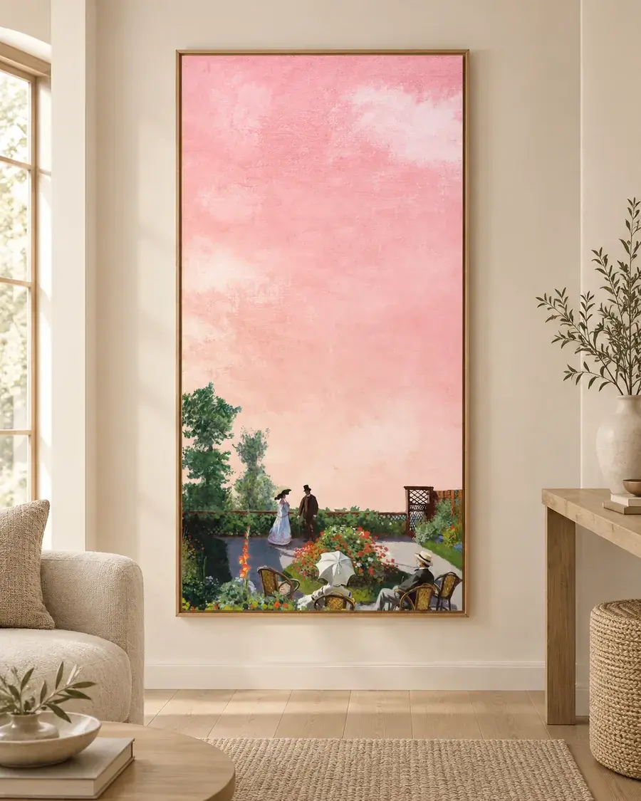 Calm neutral living room styled with Garden at Sainte-Adresse by Claude Monet