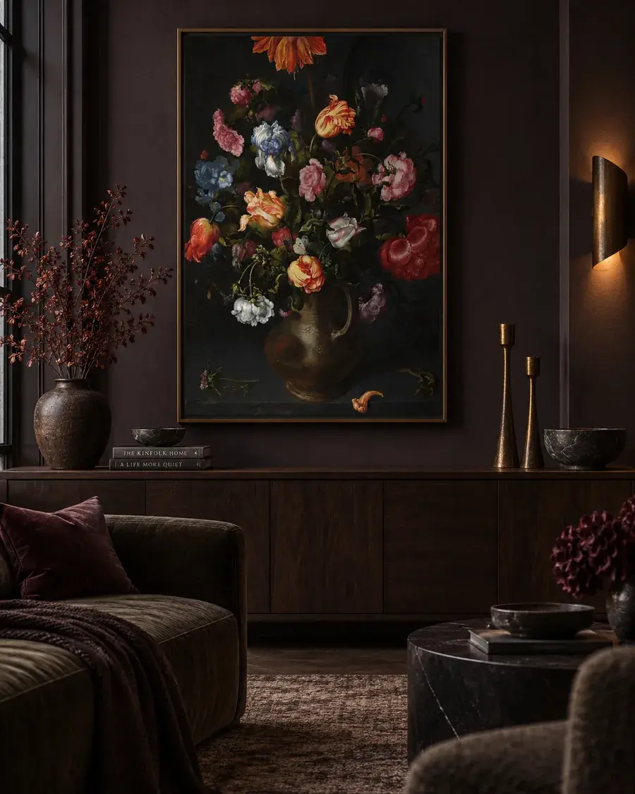 Dark and moody living room styled with A Vase with Flowers by Jacob Vosmaer