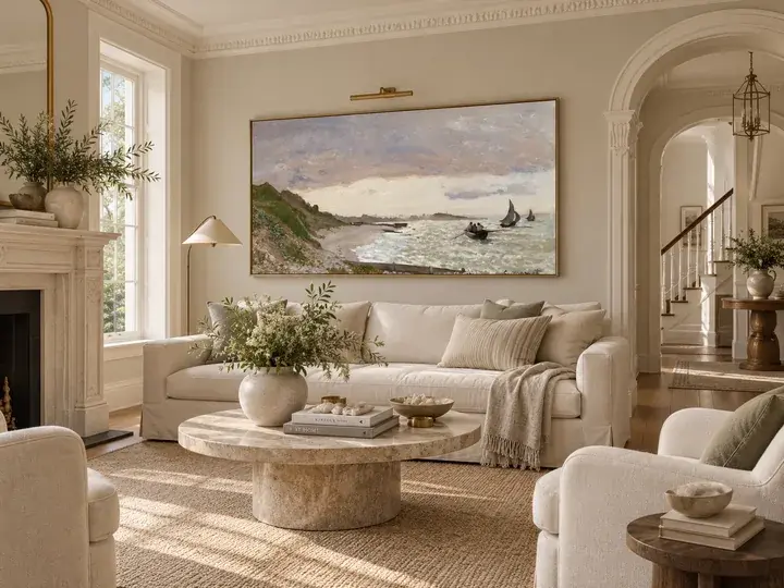 Coastal landscape canvas displayed above a cream sofa in an elegant living room